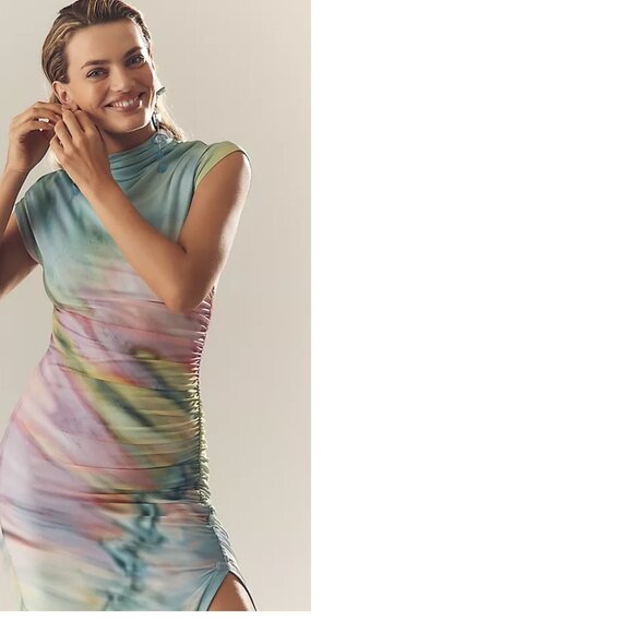 Anthropologie The Maya Ruched Cowl-Neck Mesh Dress new nwt size S green - Picture 2 of 11